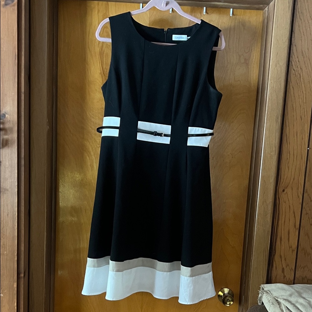 Calvin Klein Black and White Midi Dress with Beige Accents